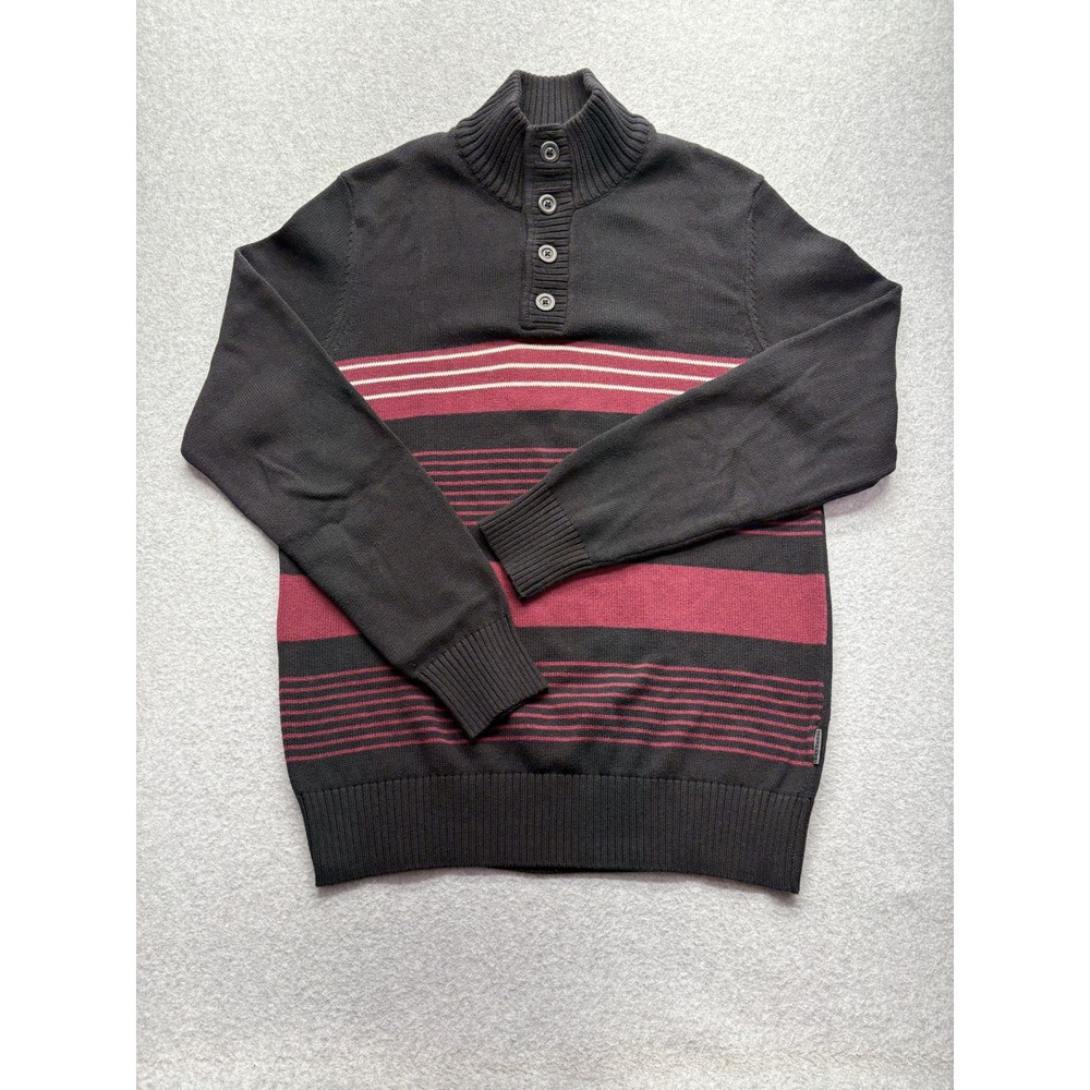 Sean John Mens Mock Neck Button Sweater Black Burgundy Striped Cotton Large